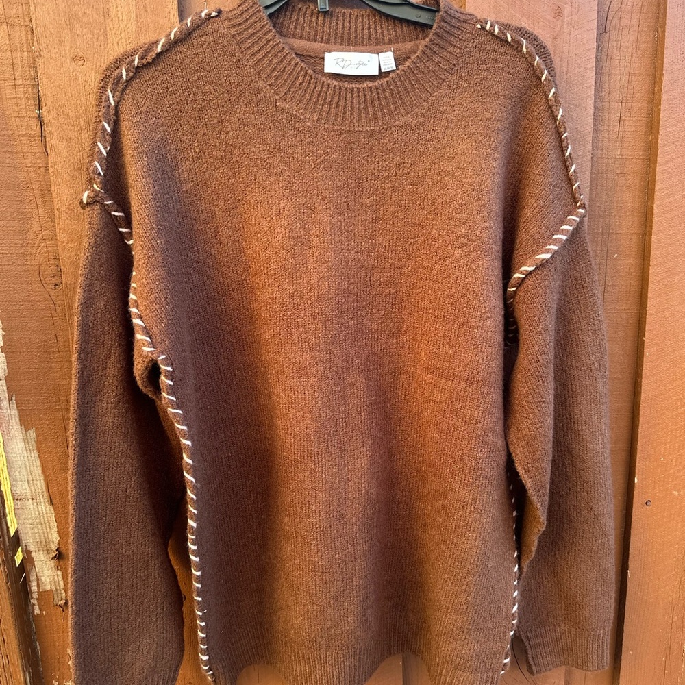 RD Style Chocolate Brown Crewneck Sweater with Cream Accents